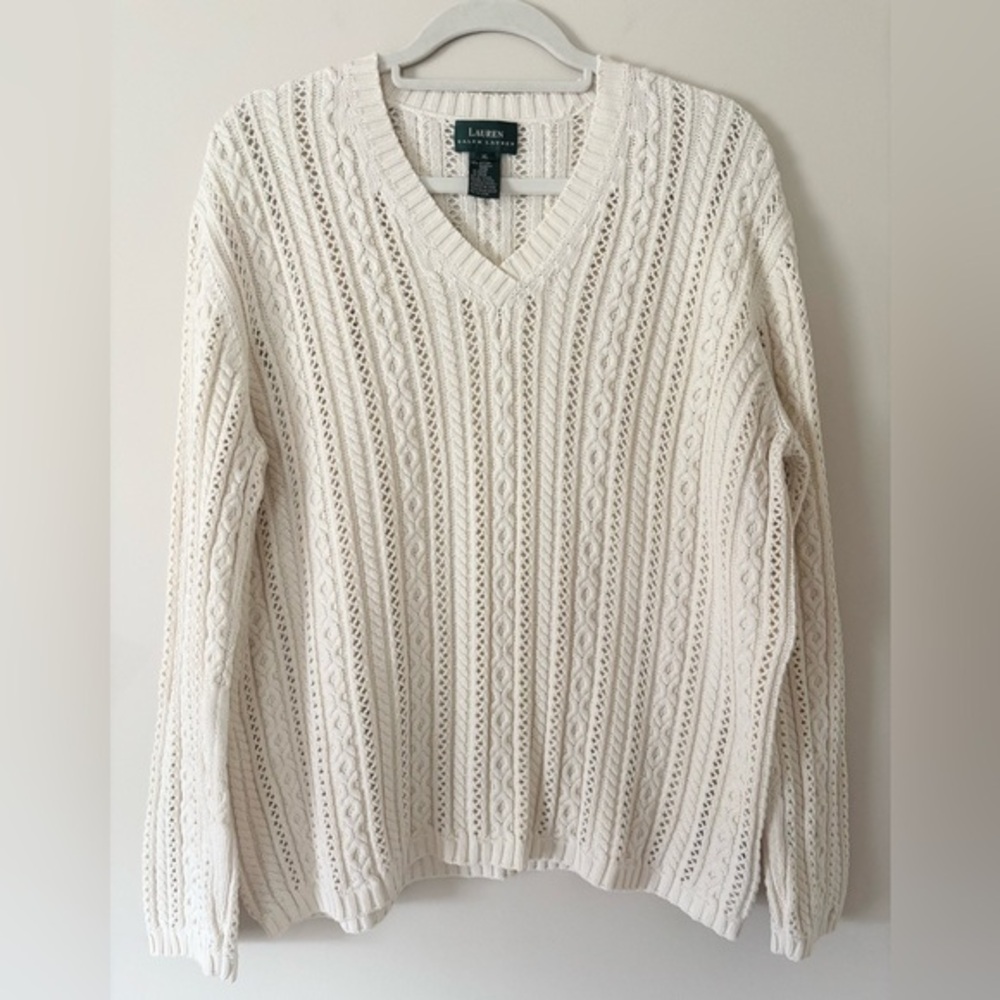 Lauren Ralph Lauren Cream Crochet Cotton V-Neck‎ Sweater